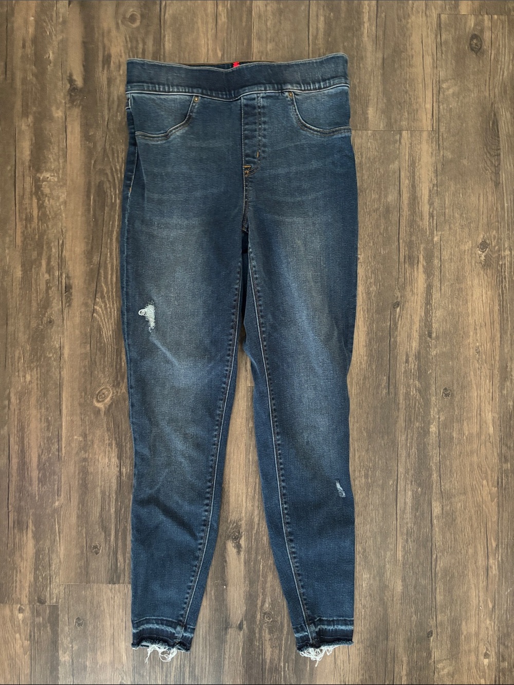 SPANX Women's Distressed Pull-On Skinny Jeans Medium Dark Wash Raw Hem Stretch